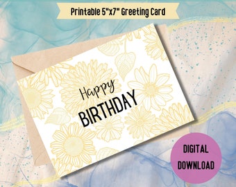 Happy Birthday Greeting Card, Flowers Birthday, Yellow flower card, Instant Downdload, Birthday Printable Card