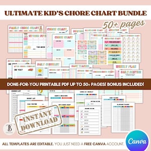 Tableaux modifiables Canva des tâches ménagères pour les enfants, récompense, allocation, temps passé devant un écran, routine scolaire, comportement et conséquences, liste de contrôle hebdomadaire quotidienne au format PDF