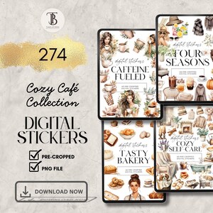 Colección Cozy Café: Pegatinas digitales premium / 274 PNG precortados de GoodNotes / Pegatinas para planificadores de café, panadería, cuatro estaciones y cuidado personal