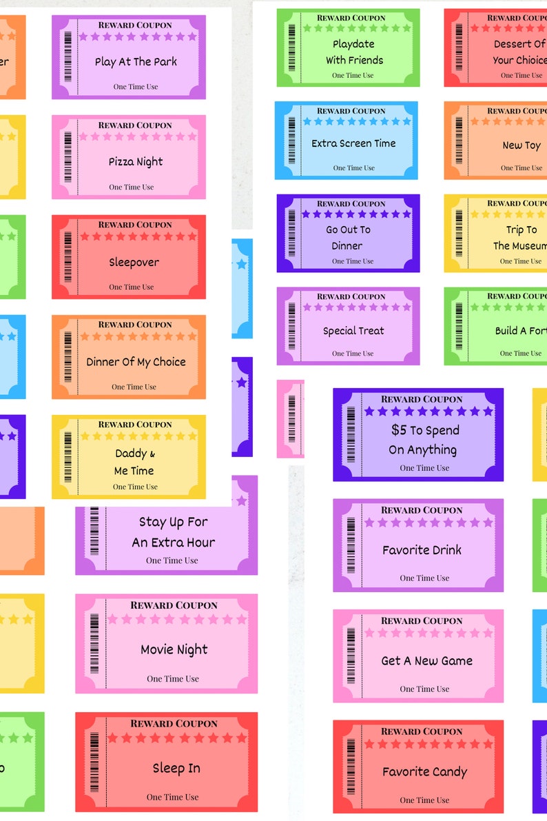 Printable Rainbow Kids Reward Coupons 50 Editable Reward Etsy