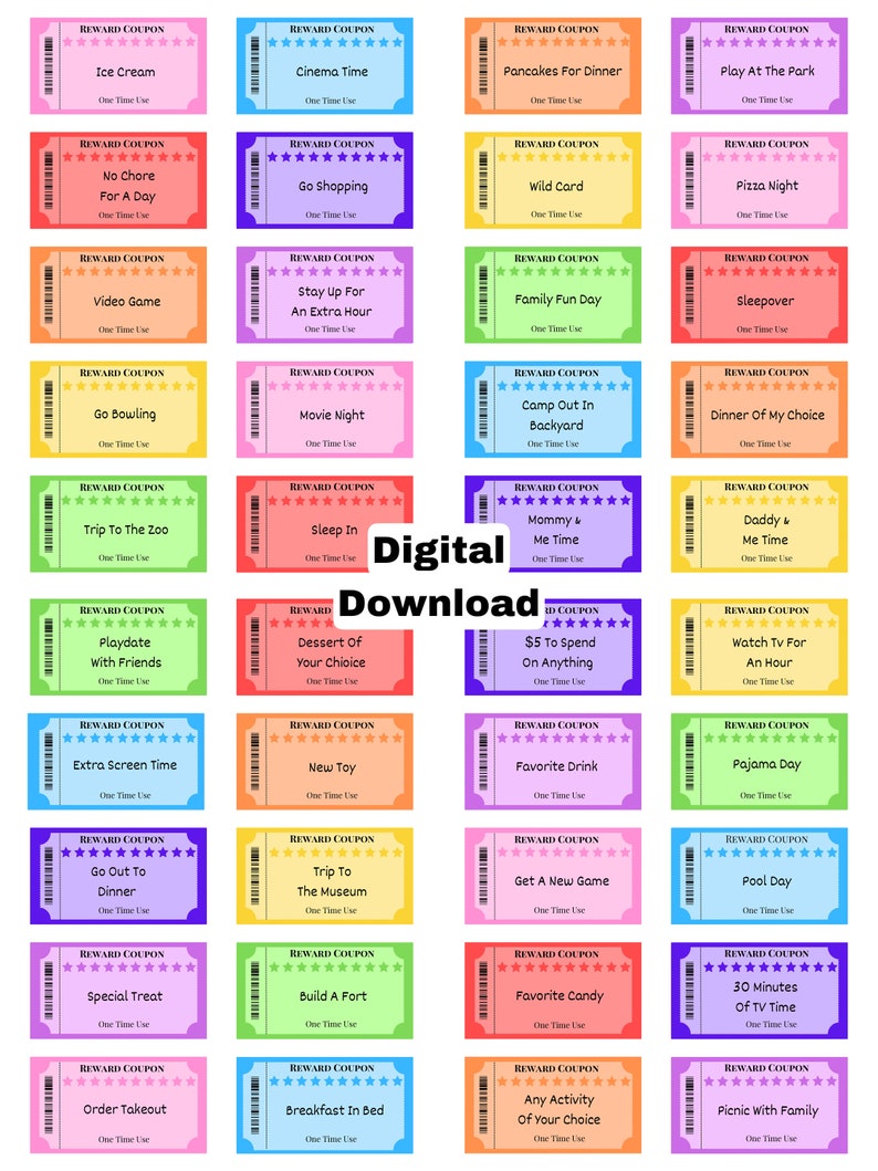 Printable Rainbow Kids Reward Coupons 50 Editable Reward Etsy