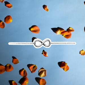 May include: An artistic composition featuring scattered orange and yellow rose petals against a light blue background. A white infinity symbol is centered, connected by a chain-like design.