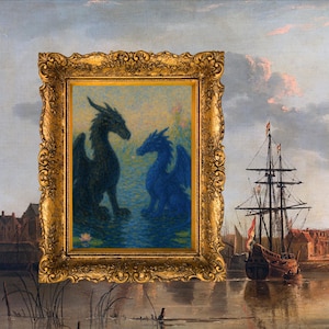 May include: A framed artwork featuring two dragons, one black and one blue, set against a water landscape. The ornate gold frame contrasts with the muted colors of the painting. The background shows a harbor scene with a tall ship and buildings.