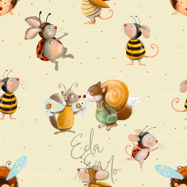 digital fabric design, spring, bees, ladybugs seamless pattern, children's fabric, Eda and Mo, fabric pattern seamless pattern, children's clothing