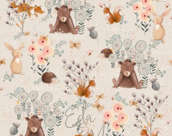 diseño de tela digital, animales de primavera, beige, patrón sin costuras, tela infantil, Eda y Mo, patrón de tela sin costuras, ropa para niños