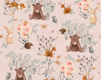 diseño digital en tela, animales primaverales, rosa viejo, patrón sin costuras, tela infantil, Eda y Mo, patrón de tela sin costuras, ropa infantil