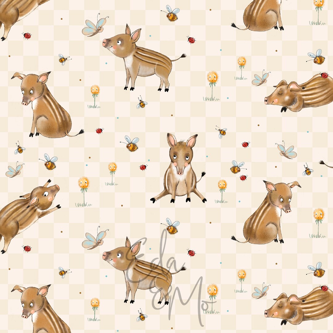 Boar Pattern Digital Fabric Design, Wild Boar, Beige, Seamless Pattern, Children's ...