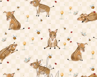 diseño de tela digital, jabalí, beige, patrón sin costuras, tela infantil, Eda y Mo, patrón de tela sin costuras, ropa infantil