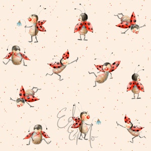 May include: A seamless pattern featuring a repeating design of red and black ladybugs with white spots on a light beige background with small red and gold dots. The ladybugs are in various poses, some with outstretched wings, some with their legs raised, and some holding a small blue flower.