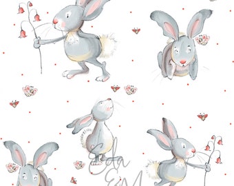 diseño de tela digital, conejita rosalie, blanco, patrón sin costuras, tela infantil, Eda y Mo, patrón de tela sin costuras, ropa para niños