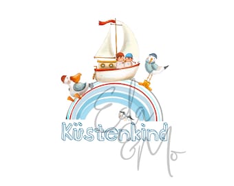 Niño costero, barco, arco iris, mar, gaviota, archivo de sublimación PNG, transferencia, diseño de transferencia de calor