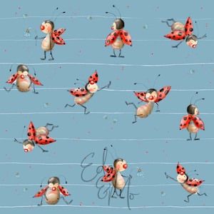 May include: A seamless pattern featuring a repeating design of red and black ladybugs with white spots on a light blue background with white stripes. The ladybugs are in various poses, some with outstretched wings, some with their legs raised, and some with their antennae extended.