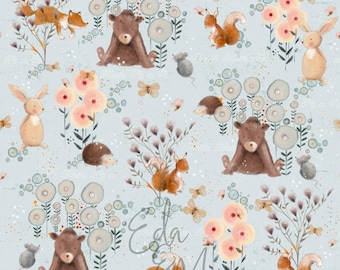 diseño de tela digital, animales de primavera, gris, patrón sin costuras, tela infantil, Eda y Mo, patrón de tela sin costuras, ropa para niños