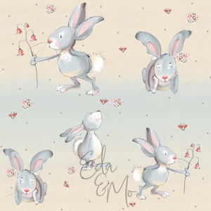 May include: A seamless pattern featuring a light blue background with gray bunnies and red butterflies. The bunnies are in various poses, some holding flowers, some sitting, and some standing. The butterflies are scattered throughout the pattern.