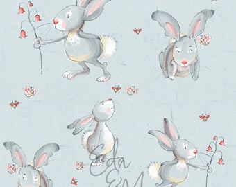 diseño digital de tela, conejita rosalie, gris, patrón sin costuras, tela infantil, Eda y Mo, patrón de tela sin costuras, ropa infantil