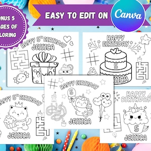Customizable Birthday Coloring Name Pages for Kids, Instant Download, Personalized mini coloring book bundle Kid activities gift treat bags