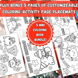Bundle Customizable Christmas Birthday Coloring Name Pages for Kids BONUS: Personalized mini coloring books Kid activities gift treat bags