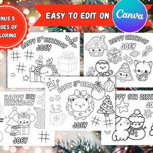 Bundle Customizable Christmas Birthday Coloring Name Pages for Kids BONUS: Personalized mini coloring books Kid activities gift treat bags