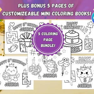 Customizable Named Bundled Birthday Coloring Pages for Kids, Instant Download Personalized mini coloring book Kid activities gift treat bags