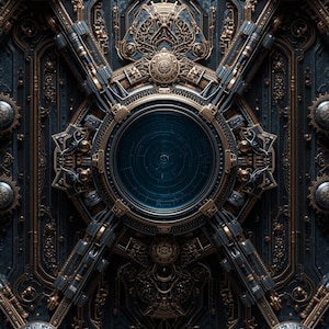 Può includere: Design intricato di ispirazione steampunk con un elemento circolare centrale e cerchi concentrici, circondato da componenti meccanici dettagliati. La tavolozza dei colori include sfumature di nero, oro e blu, creando un aspetto strutturato e metallico. Disposizione simmetrica.