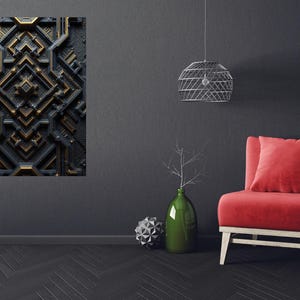 Può includere: Un'opera d'arte astratta incorniciata con un design geometrico nei toni del nero e dell'oro è appesa a una parete grigio scuro. La stanza presenta una sedia rossa, un vaso verde e una sfera decorativa, creando un interno moderno.