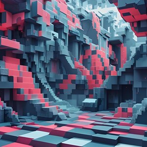 Puede incluir: Una obra de arte digital abstracta que representa un paisaje geométrico. La escena está compuesta por bloques en tonos de rojo, azul y gris, creando un efecto tridimensional. Se ven escaleras y caminos, lo que sugiere una estructura compleja.
