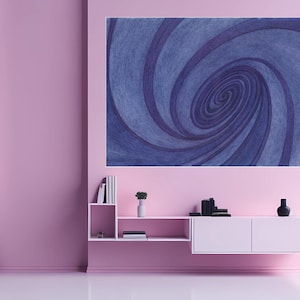 May include: A large abstract art piece with a blue spiral design hangs on a pink wall. Below, a white shelf holds books, a vase, and decorative items. A white cabinet with a black vase sits below the shelf.