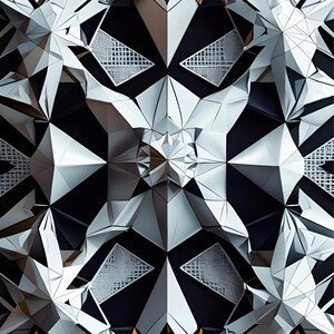 以下が含まれることがあります： 黒、白、メタリックシルバーの抽象的な幾何学模様。画像は、角度のある形状の繰り返しパターンを示し、3次元効果を生み出しています。デザインには星のような形とテクスチャパネルが含まれています。