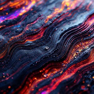 Pode incluir: Arte digital abstrata com padrões fluidos em forma de onda em tons de azul escuro, vermelho e laranja. A imagem tem uma aparência texturizada com pequenos destaques brilhantes, criando uma composição dinâmica. O efeito geral lembra lava derretida ou uma paisagem cósmica.