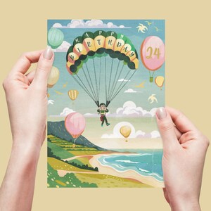 Aanpasbare verjaardagskaart, parachutekaart, verjaardagscadeau, cadeau, wenskaart, bewerkbare sjabloon, gepersonaliseerde kaart, afdrukbare sjabloon