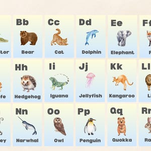 Druckbare Alphabet-Karten | Montessori Karten, Hausschulressourcen, Tieralphabet, Alphabetlernen im Vorschulalter, Osterkorbgeschenk für Kleinkinder