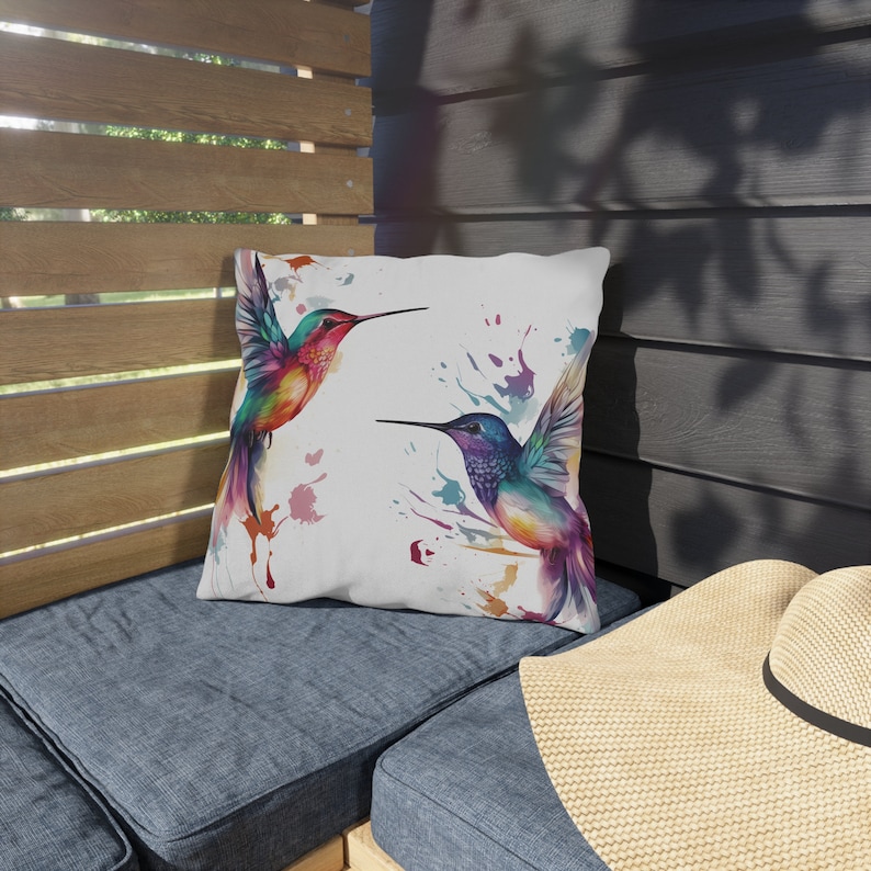 Outdoor Pillow Humming Haven, Hummingbird Pattern, Patio Accent, Garden Cushion, Alfresco