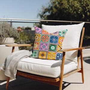 Outdoor Pillows - Mediterranean Colorful Bright Pattern Patio Cushion, Boho Garden Decor, Outdoor Throw Pillow, Printed Porch Pillow Balcony