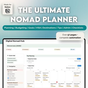 May include: A digital planner titled "THE ULTIMATE NOMAD PLANNER" with the Notion logo. The planner includes sections for planning, budgeting, goals, VISA, destinations, tips, admin, and checklists. It features over 57 pages with complete automation.