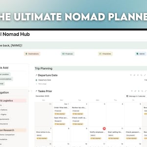 May include: A digital planner interface titled "THE ULTIMATE NOMAD PLANNER" with the text "Digital Nomad Hub." The screen displays a calendar, navigation options, and trip planning tools. The interface includes sections for destinations, finances, and checklists.