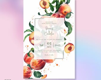 Peaches Einladungsvorlage, bearbeitbar anpassbar, Hochzeitseinladung, druckbare Vorlage, floral fruchtige Ereigniskarten, zeitgenössisch, hell