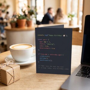 K&ouml;nnte beinhalten: Eine dunkelgraue Gru&szlig;karte mit wei&szlig;em, violettem und blauem Computercode-Text, der lautet: console.log("Happy Birthday! 🎂"); const you = { age: age + 1, status: "amazing", cake: true, deservesBest: true }; if (you.age > yesterday.age) { celebrate(); eatCake(); openPresents(); } // TODO: have the best day ever // no bugs today, only birthday vibes