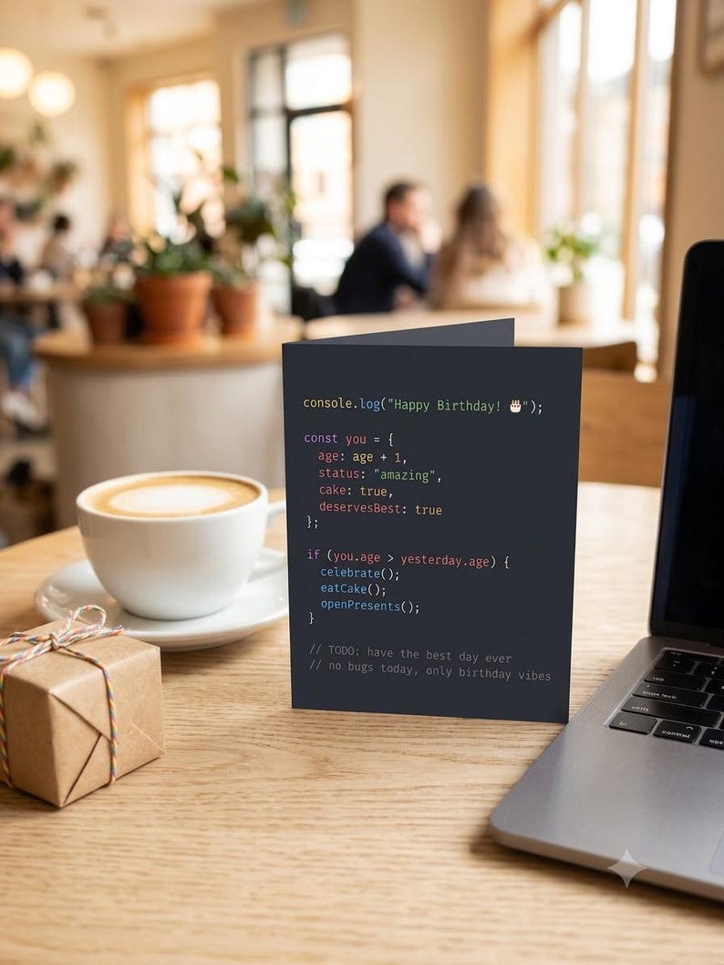 K&ouml;nnte beinhalten: Eine dunkelgraue Gru&szlig;karte mit wei&szlig;em, violettem und blauem Computercode-Text, der lautet: console.log("Happy Birthday! 🎂"); const you = { age: age + 1, status: "amazing", cake: true, deservesBest: true }; if (you.age > yesterday.age) { celebrate(); eatCake(); openPresents(); } // TODO: have the best day ever // no bugs today, only birthday vibes