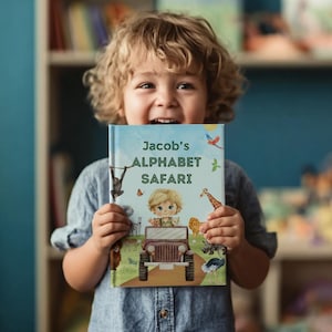 Personalisierte Alphabet Safari Namen Buch, benutzerdefinierte Charakter, Andenken Kind Geschenk, Aquarell ABC Buch, Kleinkind Geschenk für Baby, benutzerdefinierte Geschichtenbuch