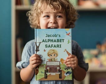 Personalized Alphabet Safari Name Book, Custom Character, Keepsake Child Gift, Watercolor ABC book, Toddler Gift for Baby, Custom Story Book