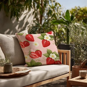 Erdbeer-Blumen-Outdoor-Kissen, rosa Gartenkissen, Terrassendekor, Sommer-Kissen, Bauernhaus-Dekor, Balkon, dekorativ