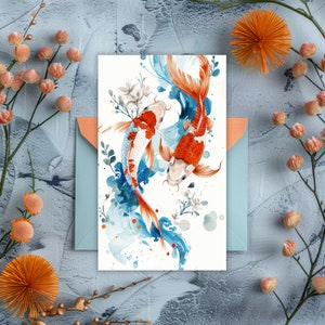 Cartão de amor Koi Fish, design para impressão, digital, cartão de aniversário, marido, esposa parceira, aniversário, casamento, dia dos namorados, namorada, download