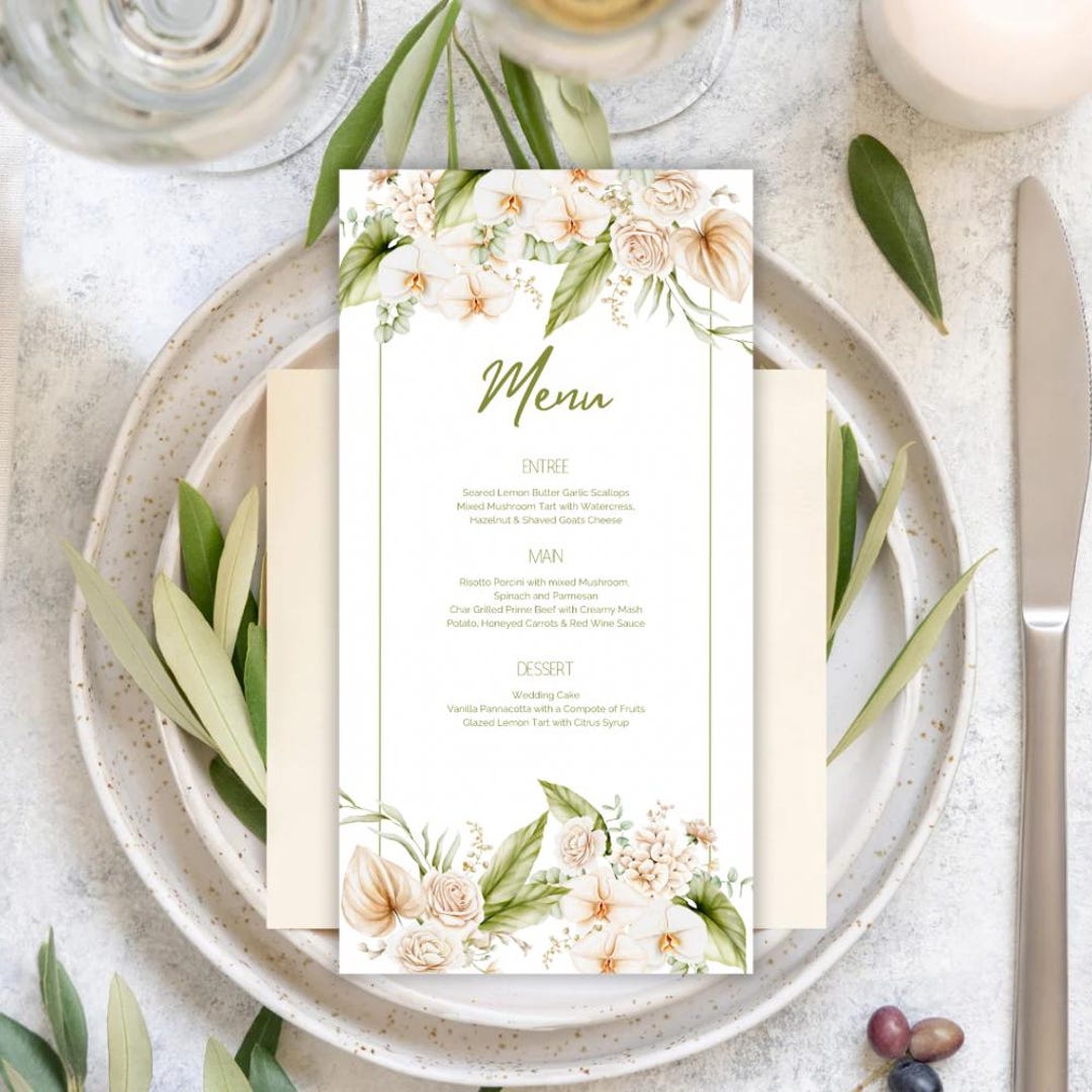 White Roses Orchids Elegant Floral Menu Template - Customizable Wedding ...