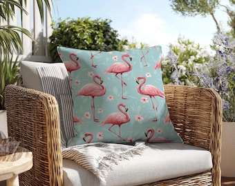 Flamingo Outdoor Pillows - Pink Flamingos on Blue Cushion, Patio Decor, Tropical Outdoor Accessories, Summer Garden Pillow, Outdoor Patio