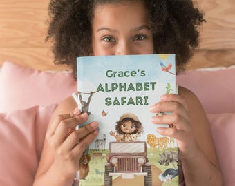 Personalized Alphabet Safari Name Book, Custom Character, Keepsake Child Gift, Watercolor ABC book, Toddler Gift for Baby, Custom Story Book