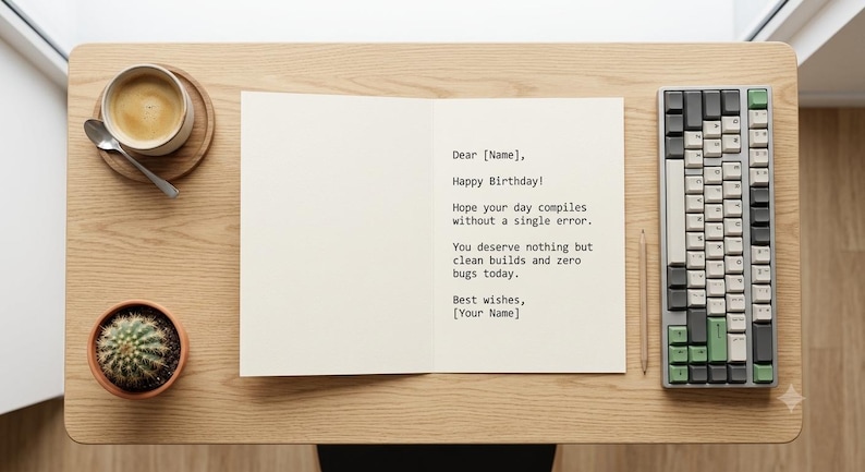 K&ouml;nnte beinhalten: Eine offene Gru&szlig;karte mit schwarzem Text: Dear [Name], Happy Birthday! Hope your day compiles without a single error. You deserve nothing but clean builds and zero bugs today. Best wishes, [Your Name]. Daneben befindet sich eine mechanische Tastatur.