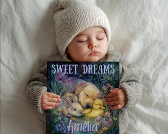 Spersonalizowana książka z bajkami na dobranoc „Słodkie sny” dla dziecka lub niemowlęcia, prezent dla noworodka, na baby shower, prezent dla wnuka, urodziny, spersonalizowana książka