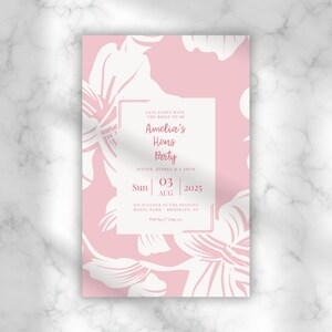 Plantilla de invitación floral rosa, editable y personalizable, invitación para despedida de soltera, plantilla imprimible, fiesta de compromiso, tarjetas para eventos, contemporánea.