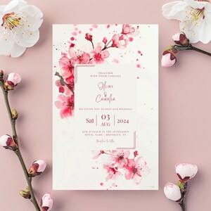 Plantilla de invitación de flor de cerezo, editable personalizable, invitación de boda, plantilla imprimible, tarjetas de eventos florales afrutados, contemporáneo,