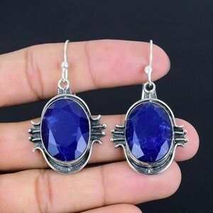 Handmade Blue Sapphire Earrings: 925 Sterling Silver Dangle Gemstone Jewelry